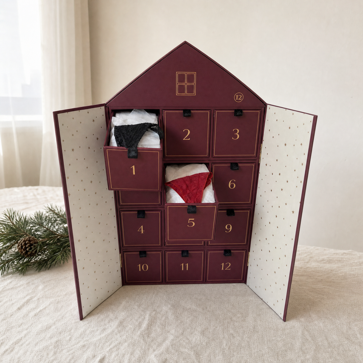 Thongmas advent calendar opened, 12 numbered drawers
